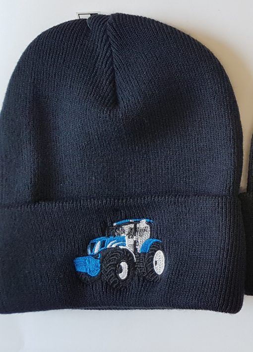 cuffed beanie with blue tractor
