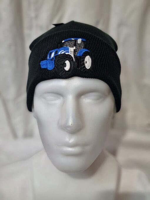 knitted kids beanie b45b black c w blue tractor logo