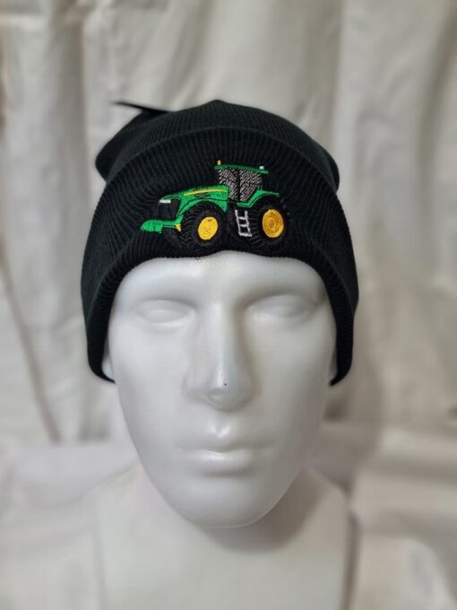 knitted kids beanie b45b black c w green tractor logo