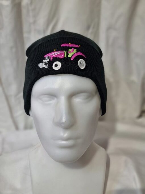 knitted kids beanie b45b black c w pink tractor logo