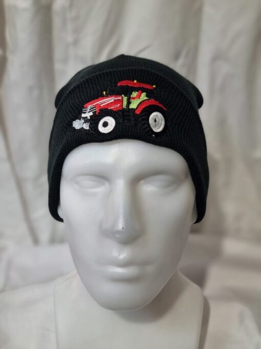 knitted kids beanie b45b black c w red tractor logo