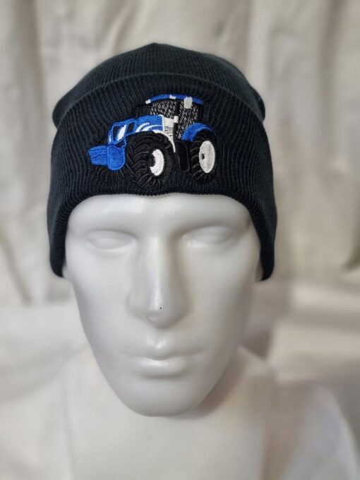 knitted kids beanie b45b navy c w blue tractor logo