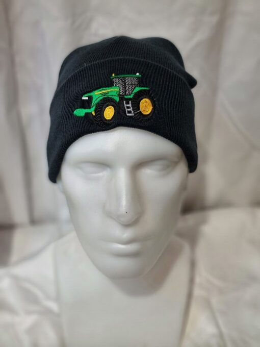 knitted kids beanie b45b navy c w green tractor logo