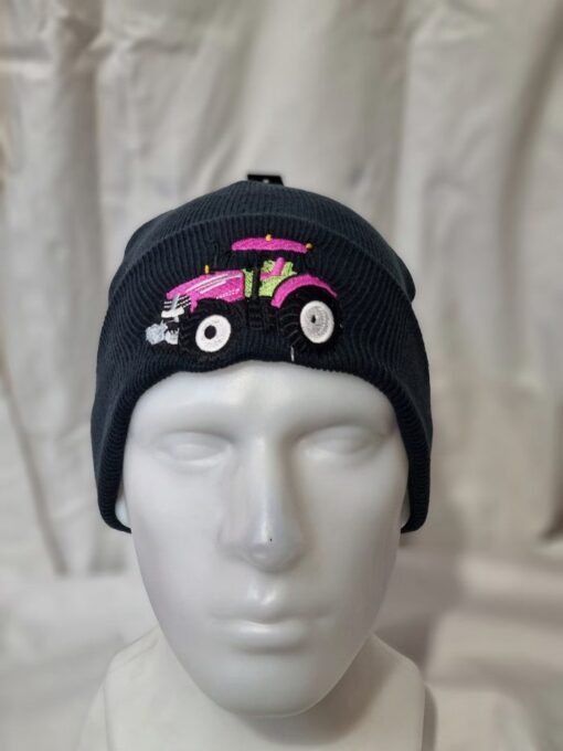 knitted kids beanie navy c w pink tractor logo